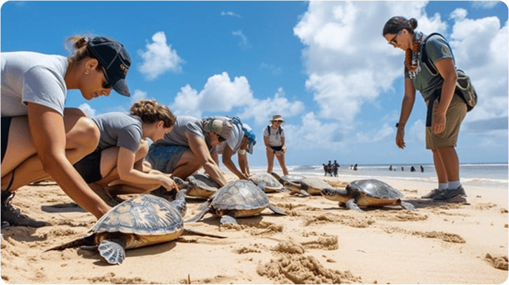 Volunteers releasing turtles